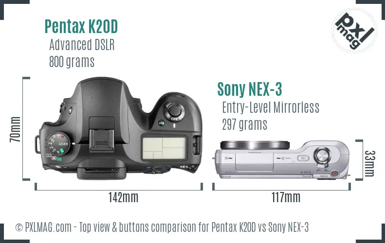 Pentax K20D vs Sony NEX-3 top view buttons comparison