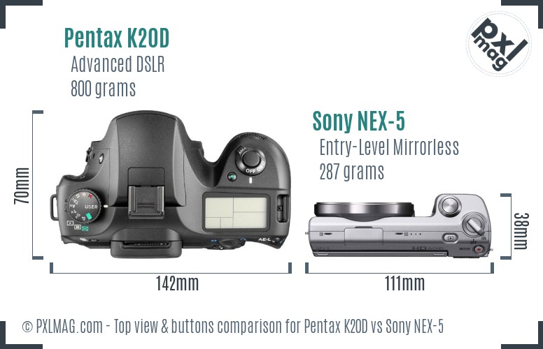 Pentax K20D vs Sony NEX-5 top view buttons comparison