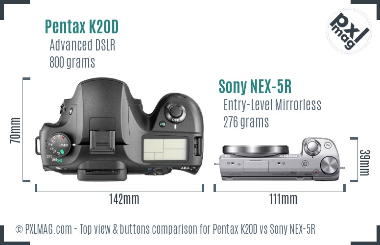 Pentax K20D vs Sony NEX-5R top view buttons comparison
