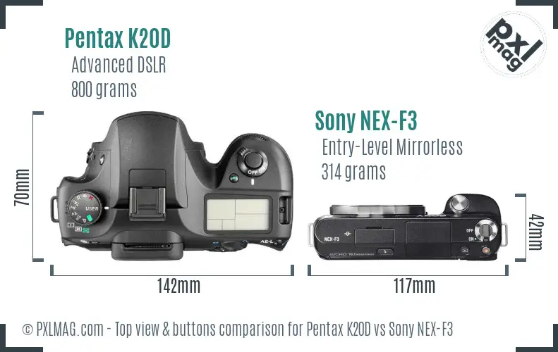 Pentax K20D vs Sony NEX-F3 top view buttons comparison