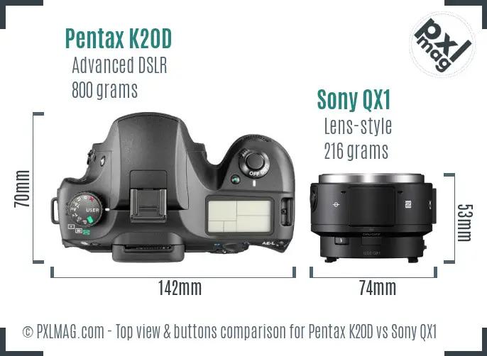 Pentax K20D vs Sony QX1 top view buttons comparison Pentax K20D vs Sony QX1 top view buttons comparison