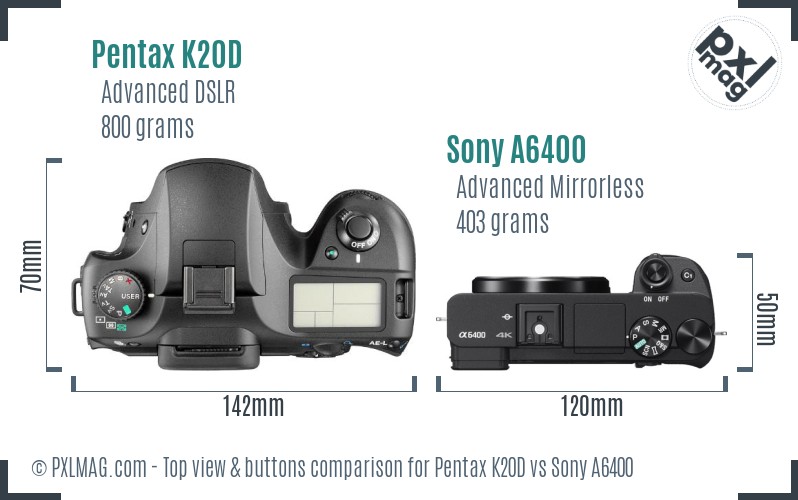 Pentax K20D vs Sony A6400 top view buttons comparison