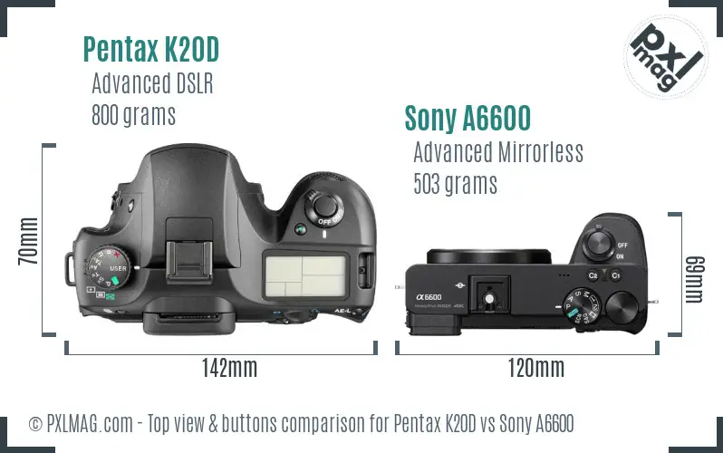 Pentax K20D vs Sony A6600 top view buttons comparison