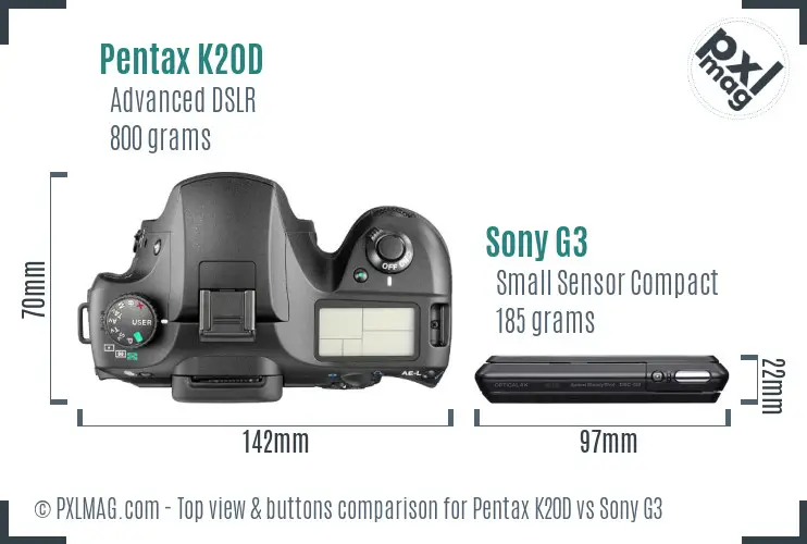 Pentax K20D vs Sony G3 top view buttons comparison