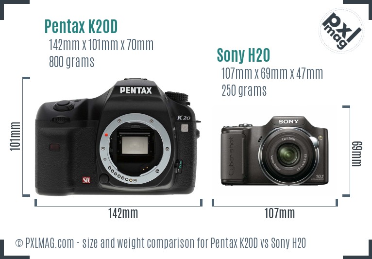 Pentax K20D vs Sony H20 size comparison