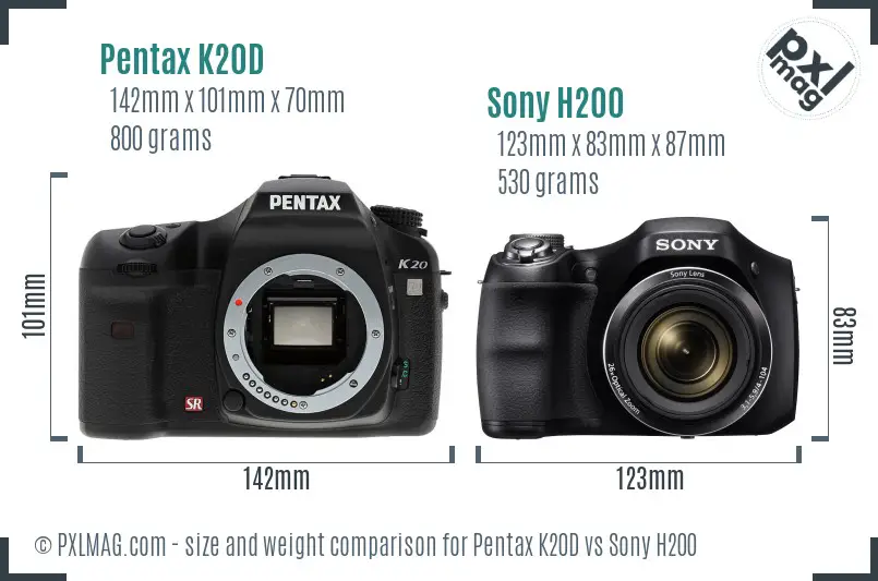 Pentax K20D vs Sony H200 size comparison