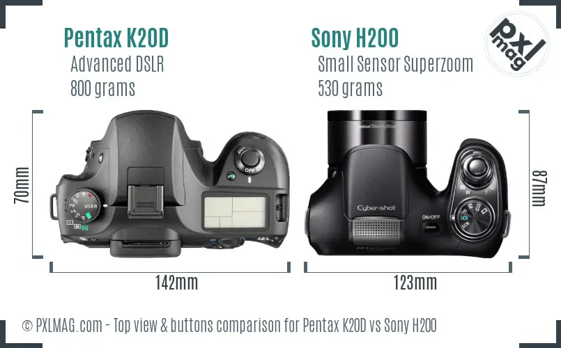 Pentax K20D vs Sony H200 top view buttons comparison