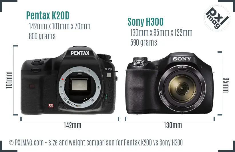 Pentax K20D vs Sony H300 size comparison