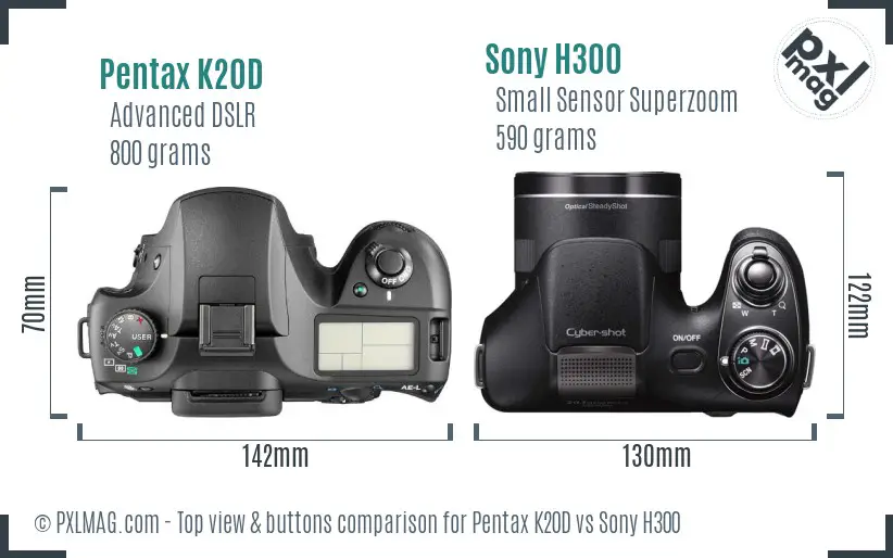 Pentax K20D vs Sony H300 top view buttons comparison