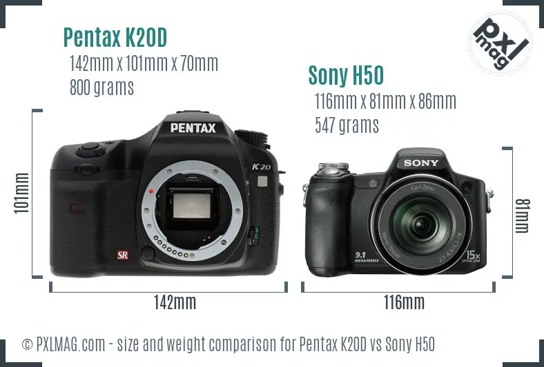 Pentax K20D vs Sony H50 size comparison