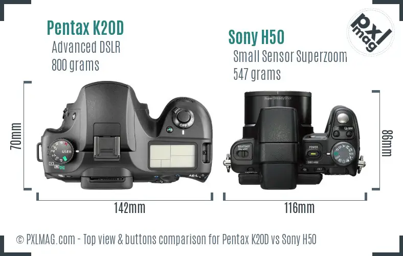 Pentax K20D vs Sony H50 top view buttons comparison