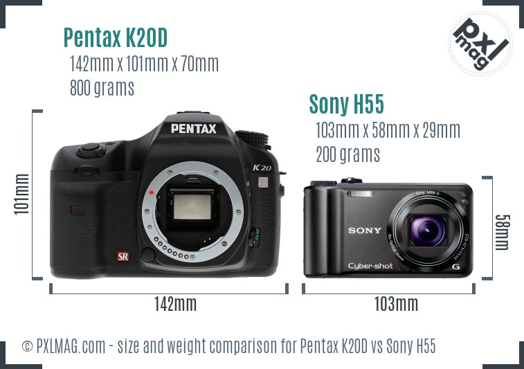 Pentax K20D vs Sony H55 size comparison