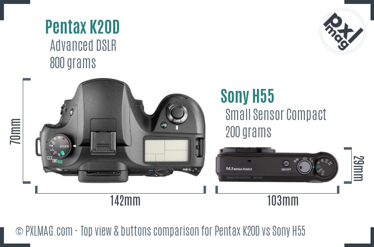 Pentax K20D vs Sony H55 top view buttons comparison