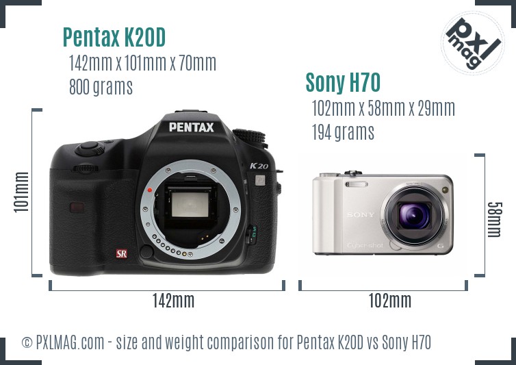 Pentax K20D vs Sony H70 size comparison
