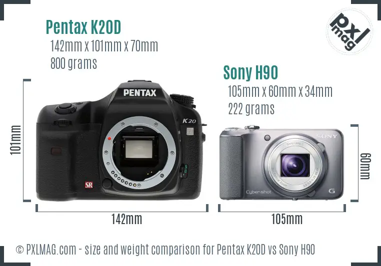Pentax K20D vs Sony H90 size comparison