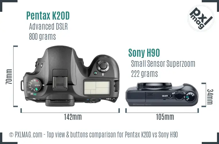Pentax K20D vs Sony H90 top view buttons comparison