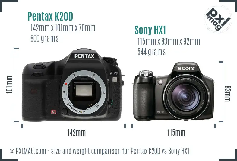 Pentax K20D vs Sony HX1 size comparison