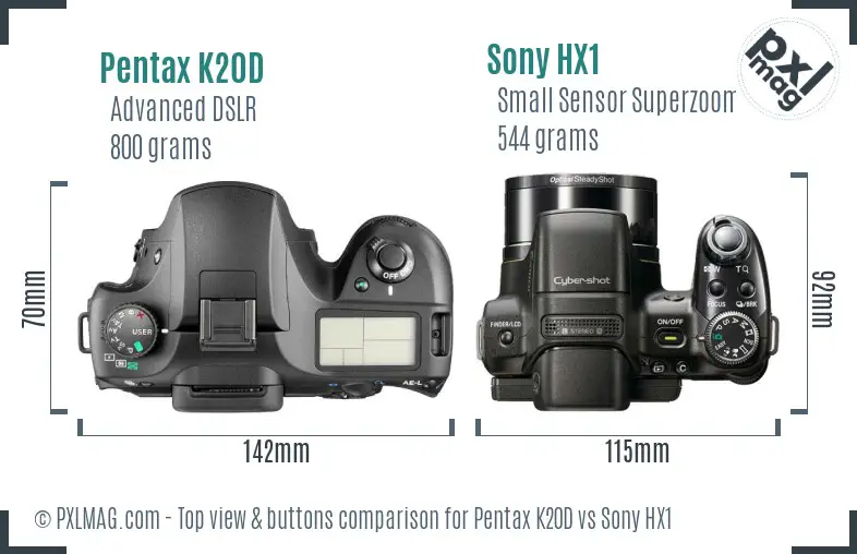 Pentax K20D vs Sony HX1 top view buttons comparison