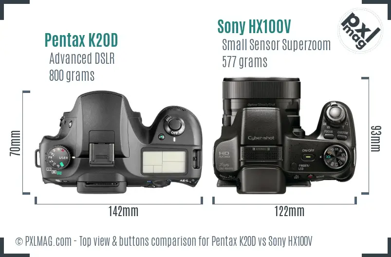 Pentax K20D vs Sony HX100V top view buttons comparison Pentax K20D vs Sony HX100V top view buttons comparison