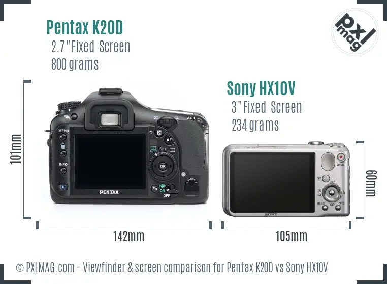 Pentax K20D vs Sony HX10V Screen and Viewfinder comparison