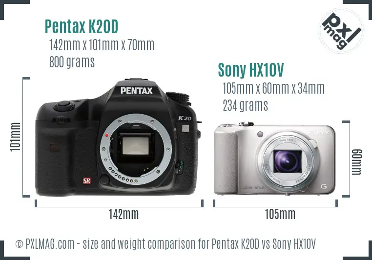 Pentax K20D vs Sony HX10V size comparison