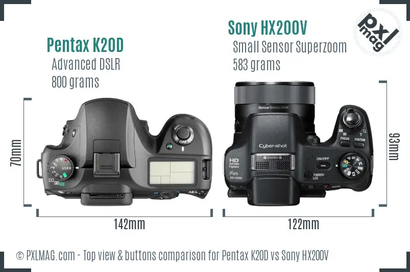 Pentax K20D vs Sony HX200V top view buttons comparison Pentax K20D vs Sony HX200V top view buttons comparison