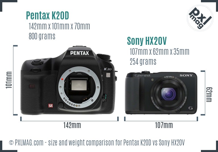Pentax K20D vs Sony HX20V size comparison
