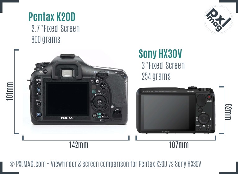 Pentax K20D vs Sony HX30V Screen and Viewfinder comparison