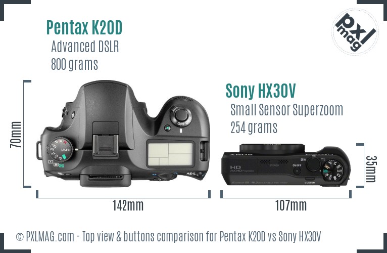 Pentax K20D vs Sony HX30V top view buttons comparison