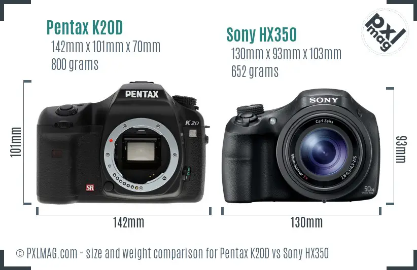 Pentax K20D vs Sony HX350 size comparison