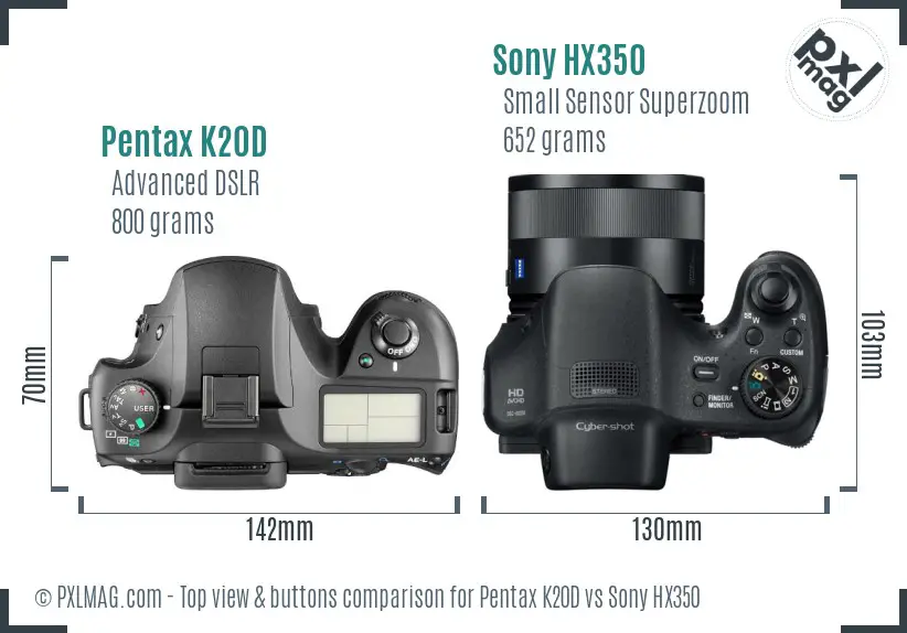 Pentax K20D vs Sony HX350 top view buttons comparison