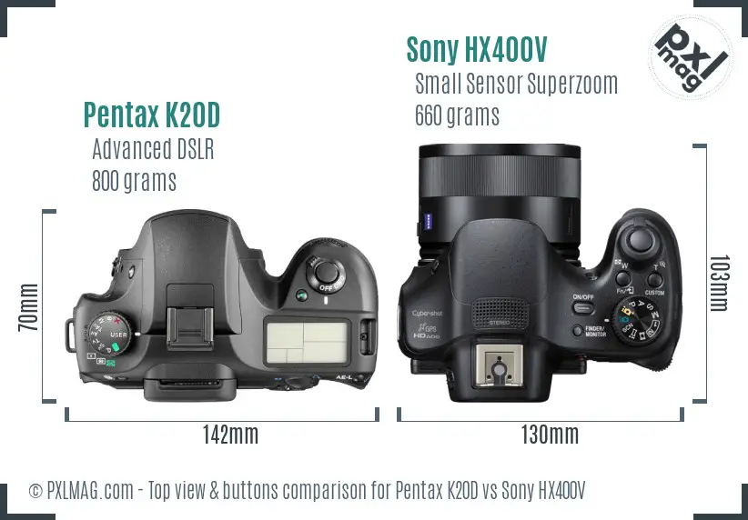 Pentax K20D vs Sony HX400V top view buttons comparison Pentax K20D vs Sony HX400V top view buttons comparison