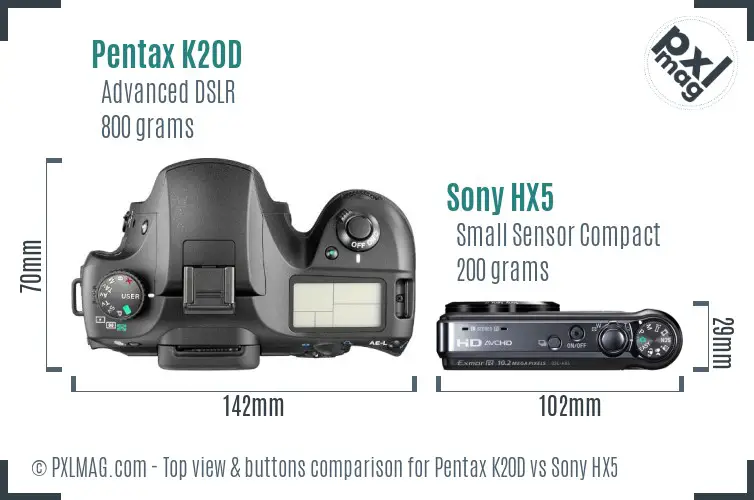 Pentax K20D vs Sony HX5 top view buttons comparison