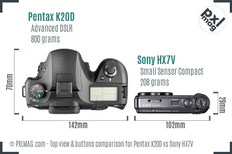 Pentax K20D vs Sony HX7V top view buttons comparison Pentax K20D vs Sony HX7V top view buttons comparison