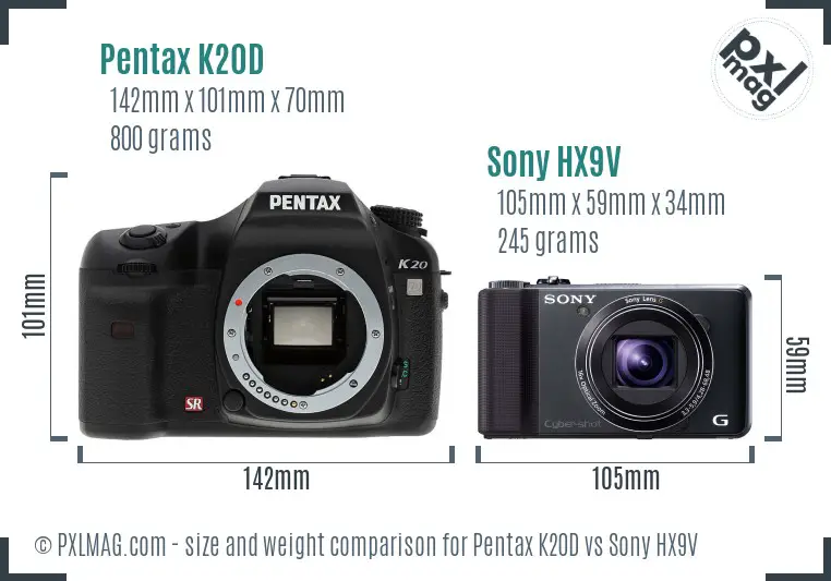 Pentax K20D vs Sony HX9V size comparison Pentax K20D vs Sony HX9V size comparison