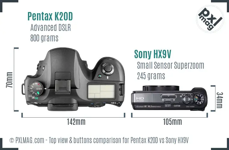 Pentax K20D vs Sony HX9V top view buttons comparison Pentax K20D vs Sony HX9V top view buttons comparison