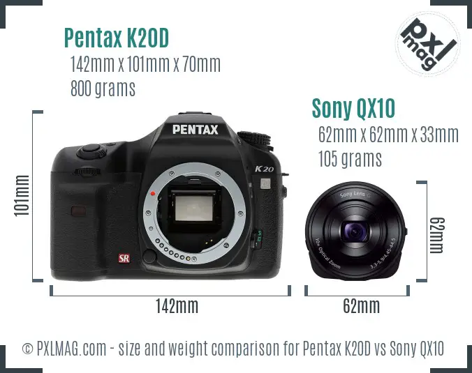 Pentax K20D vs Sony QX10 size comparison Pentax K20D vs Sony QX10 size comparison