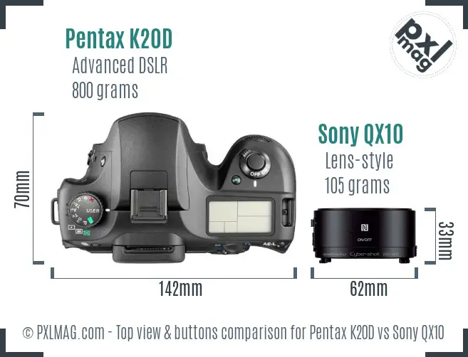 Pentax K20D vs Sony QX10 top view buttons comparison Pentax K20D vs Sony QX10 top view buttons comparison
