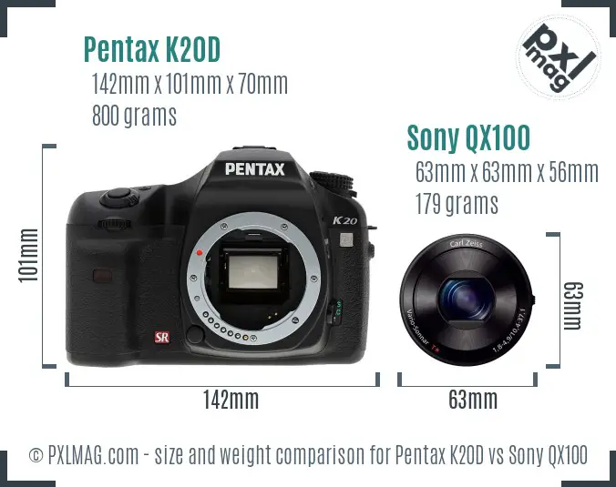 Pentax K20D vs Sony QX100 size comparison Pentax K20D vs Sony QX100 size comparison