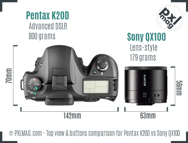 Pentax K20D vs Sony QX100 top view buttons comparison Pentax K20D vs Sony QX100 top view buttons comparison