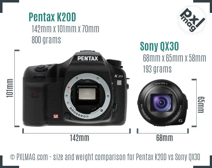 Pentax K20D vs Sony QX30 size comparison Pentax K20D vs Sony QX30 size comparison