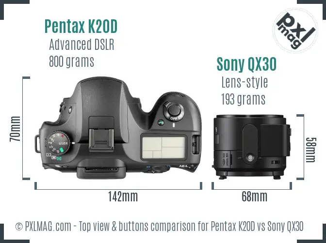 Pentax K20D vs Sony QX30 top view buttons comparison Pentax K20D vs Sony QX30 top view buttons comparison