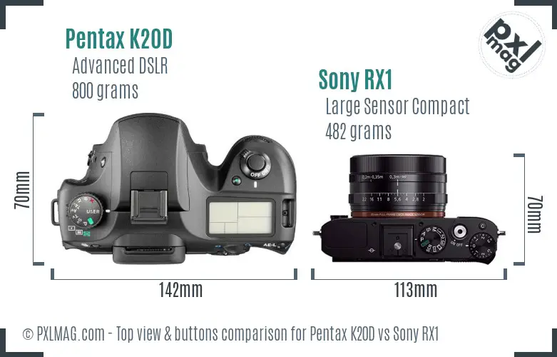 Pentax K20D vs Sony RX1 top view buttons comparison