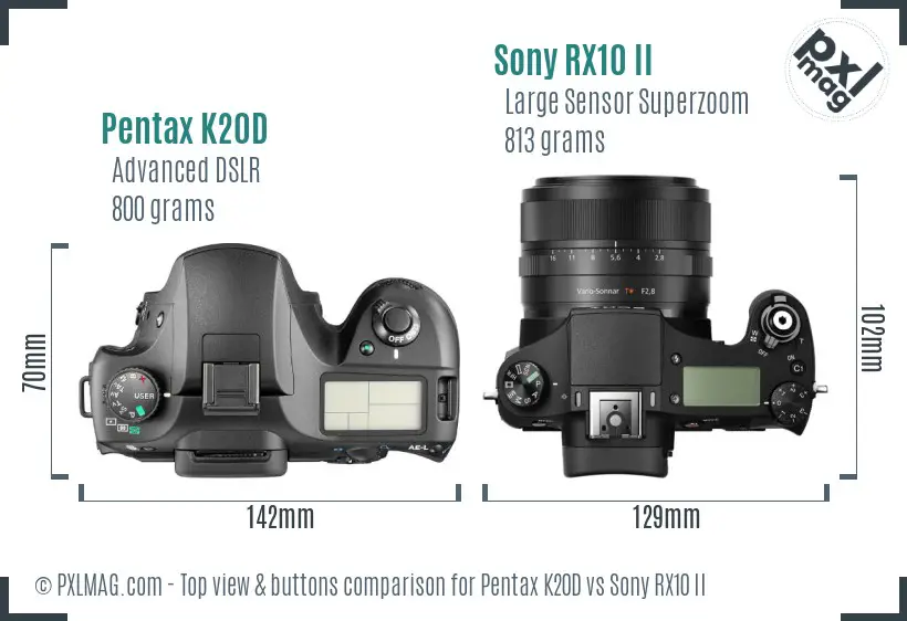 Pentax K20D vs Sony RX10 II top view buttons comparison Pentax K20D vs Sony RX10 II top view buttons comparison