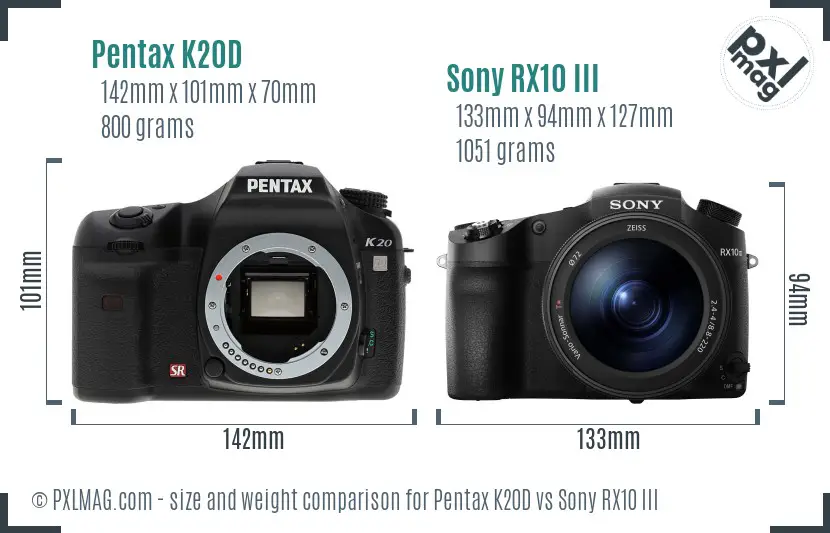 Pentax K20D vs Sony RX10 III size comparison