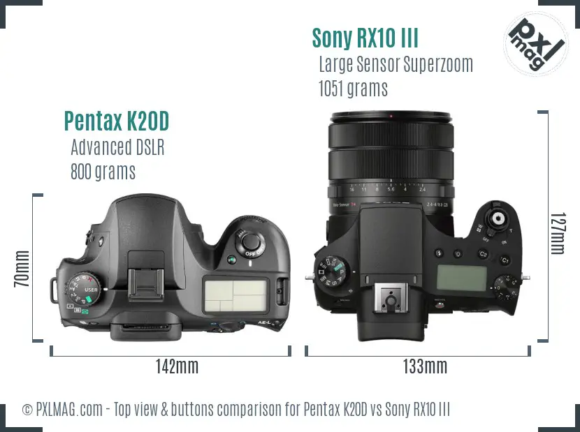 Pentax K20D vs Sony RX10 III top view buttons comparison