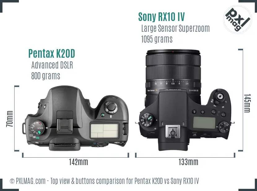 Pentax K20D vs Sony RX10 IV top view buttons comparison Pentax K20D vs Sony RX10 IV top view buttons comparison