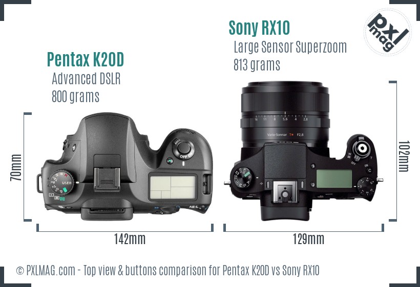 Pentax K20D vs Sony RX10 top view buttons comparison