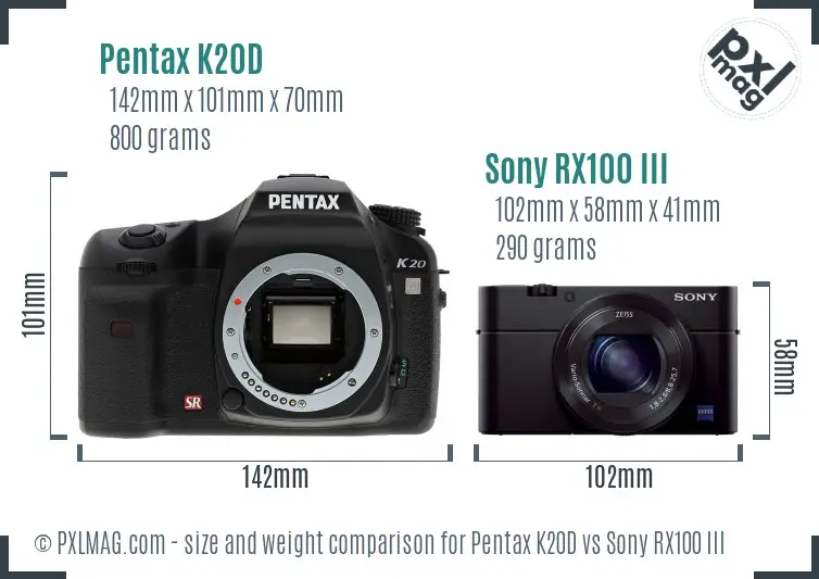 Pentax K20D vs Sony RX100 III size comparison