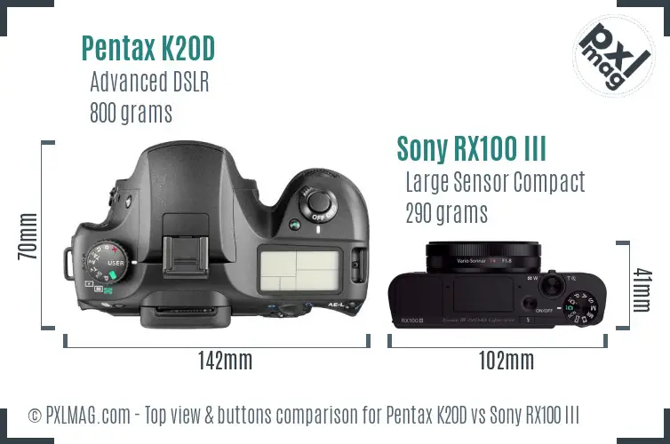 Pentax K20D vs Sony RX100 III top view buttons comparison